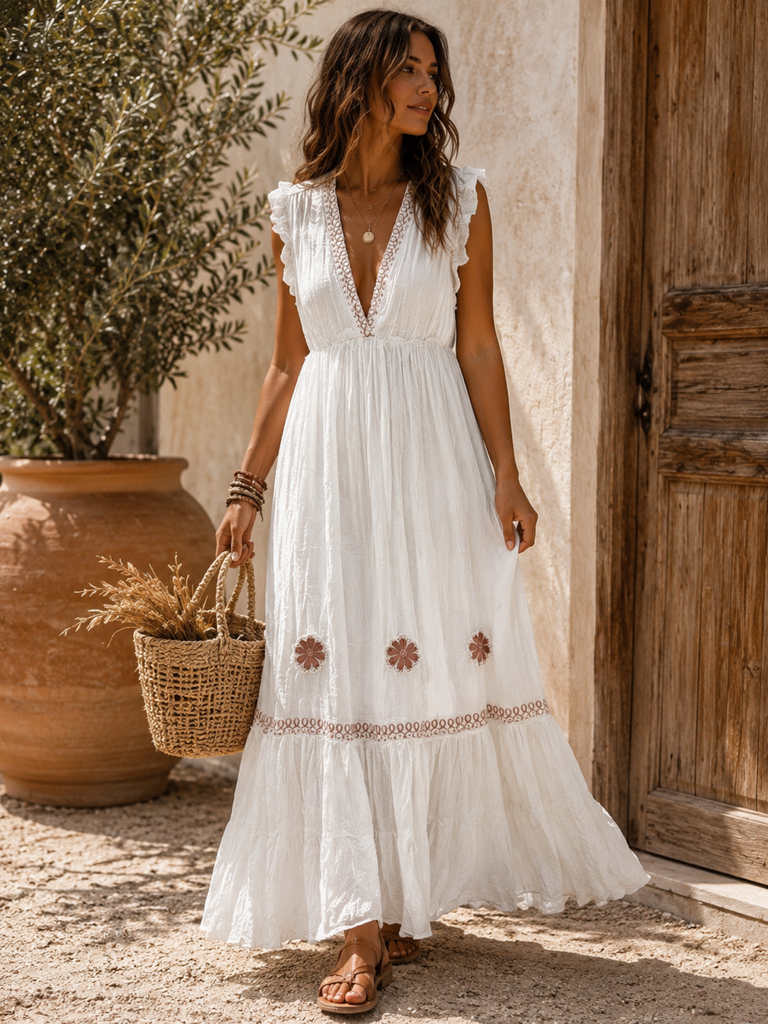 Soleil Cotton Boho Maxi Dress Cream