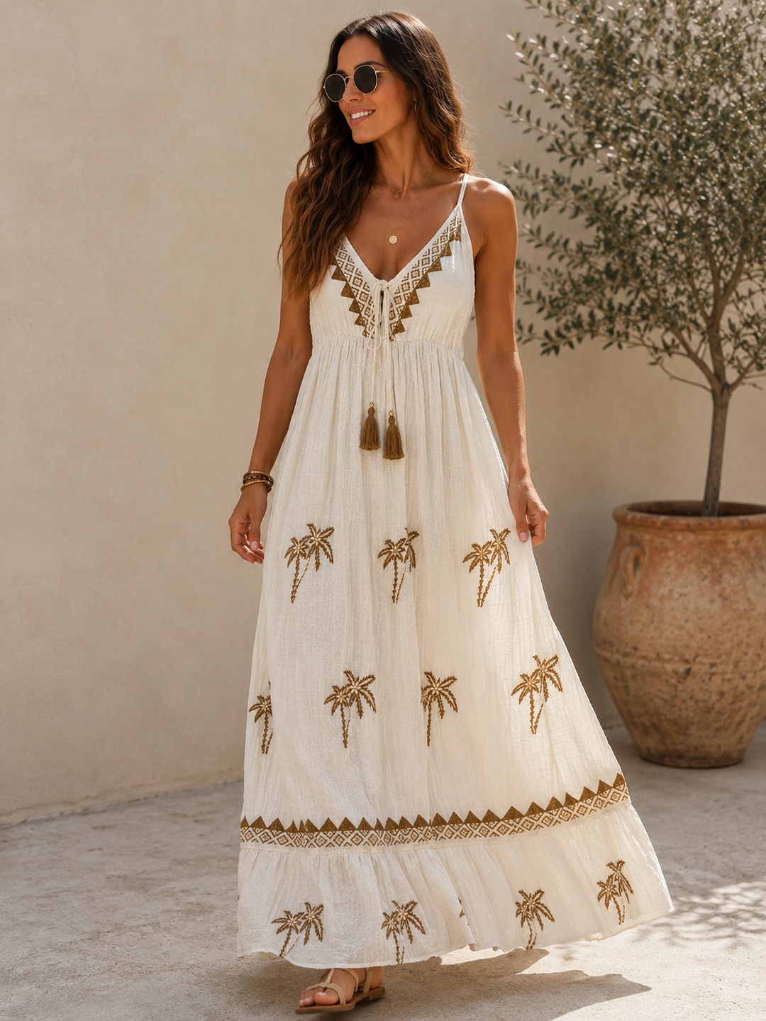 Paradise Palm Maxi Dress Cream/Coffee