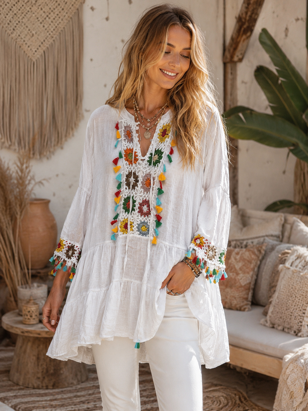 Jolana Crochet Boho Tunic White