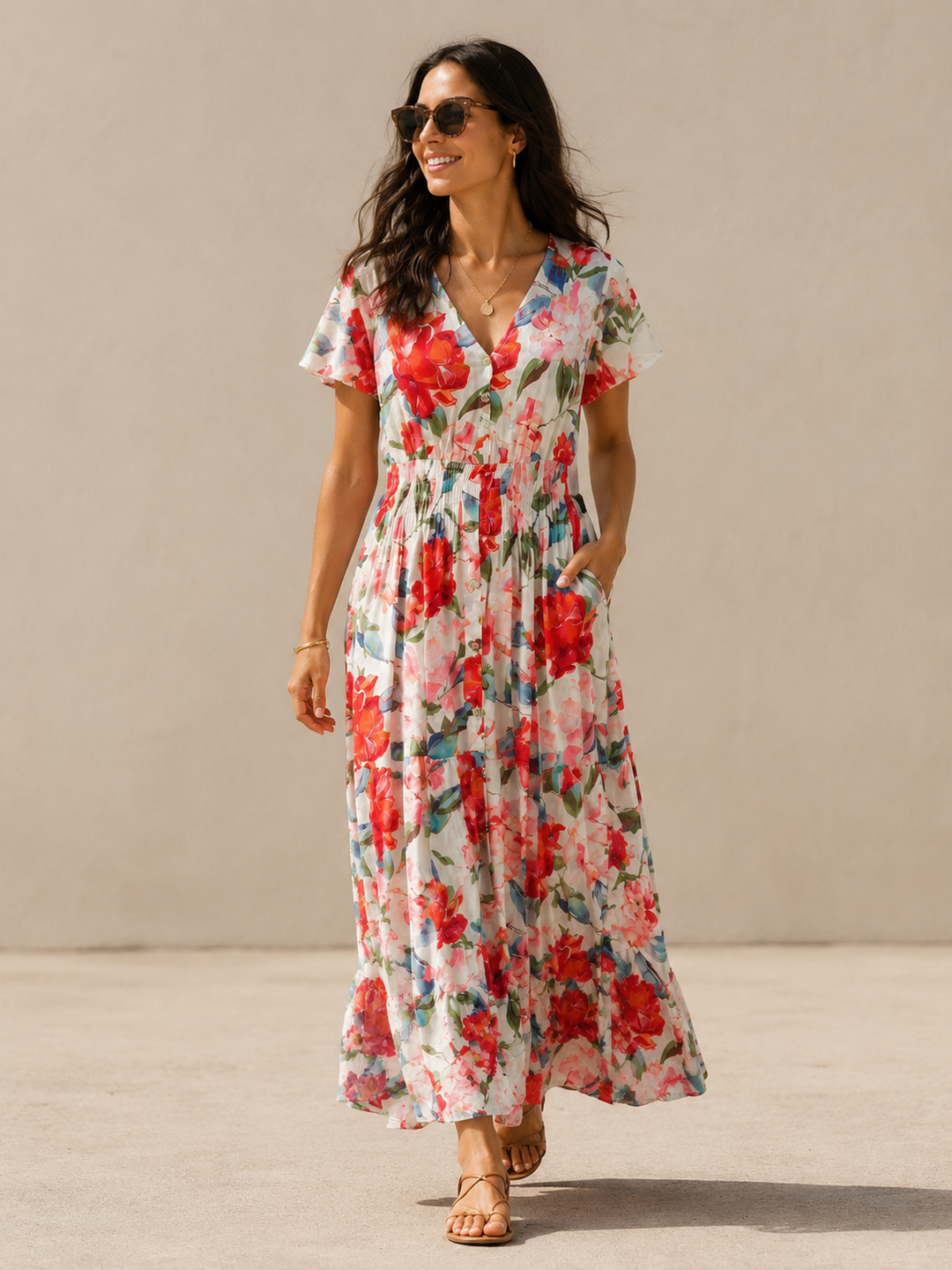 Claudia Floral Shirred Maxi Dress Red