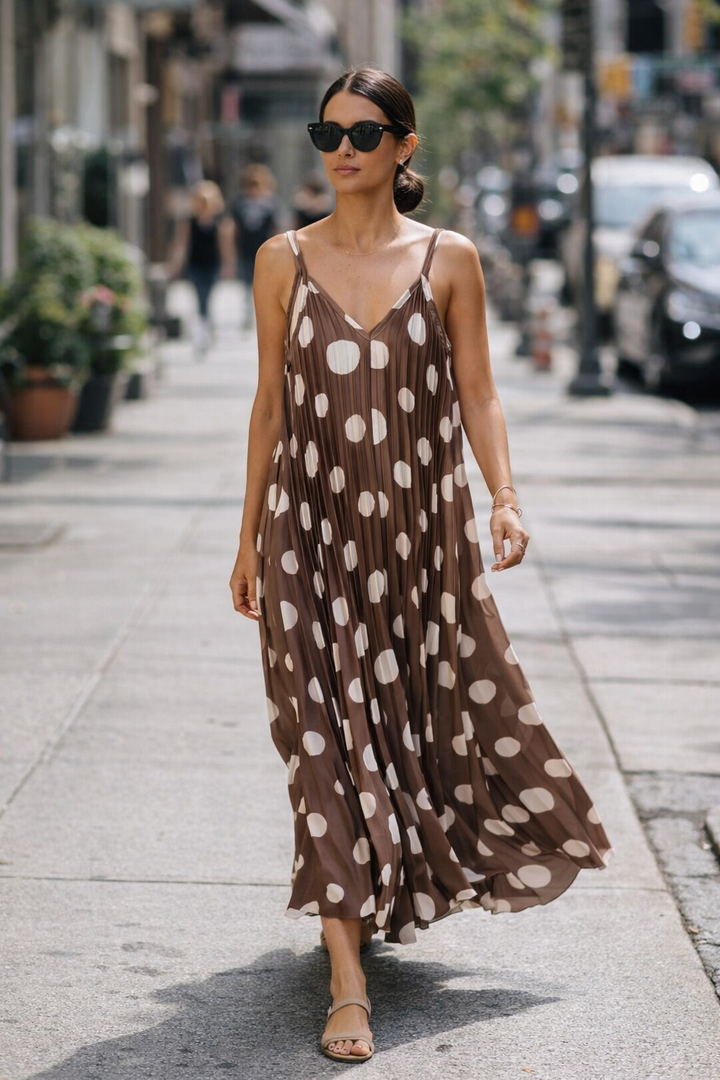 Arezzo Pleated Polka Dot Dress Chocolate
