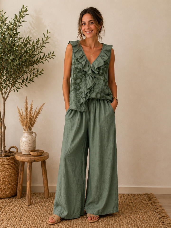 Kalena Floral Frill Top Sage