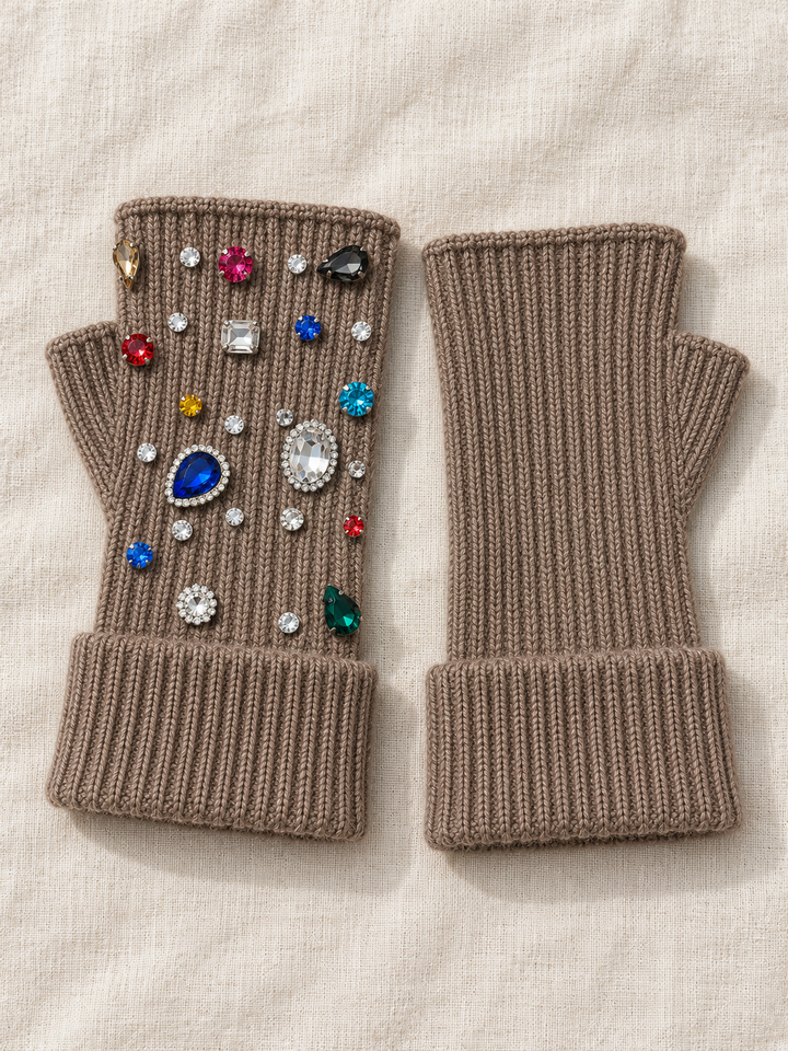 Embellished Fingerless Gloves Mocha