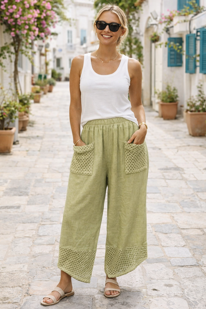 Celina Crochet Linen Trouser Pistachio