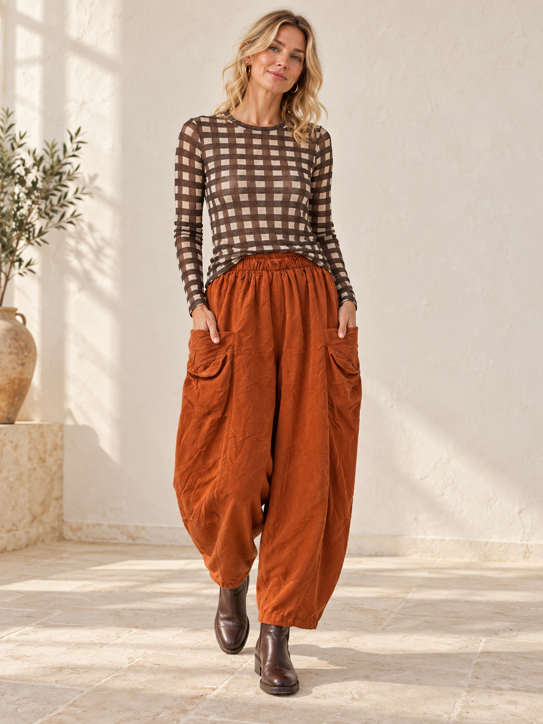 Tamara Needlecord Barrel Leg Trouser Burnt Orange