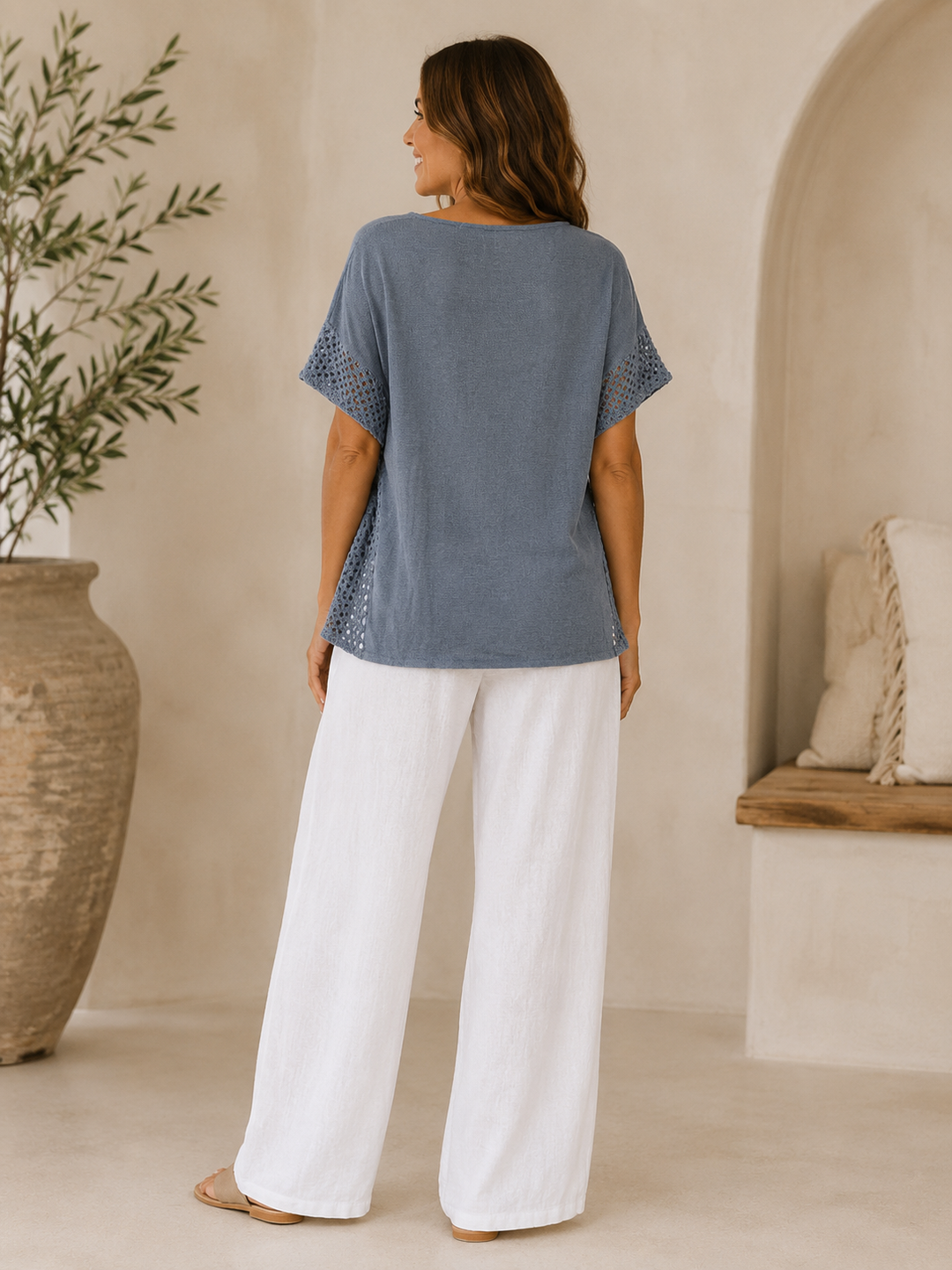 Celina Crochet Linen Pocket Top Denim