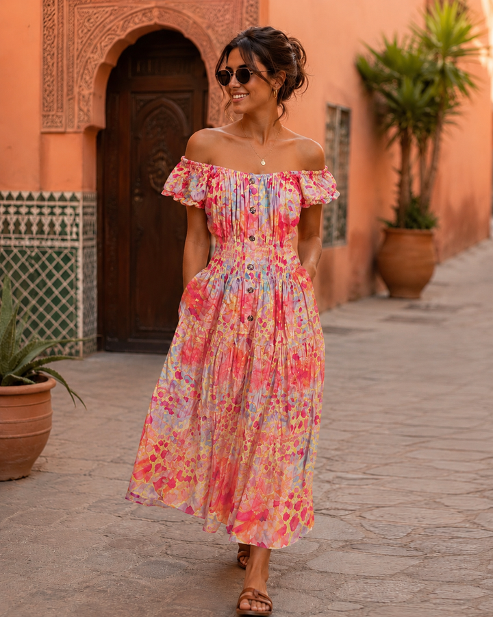 Alondra Animal Print Midi Dress Coral