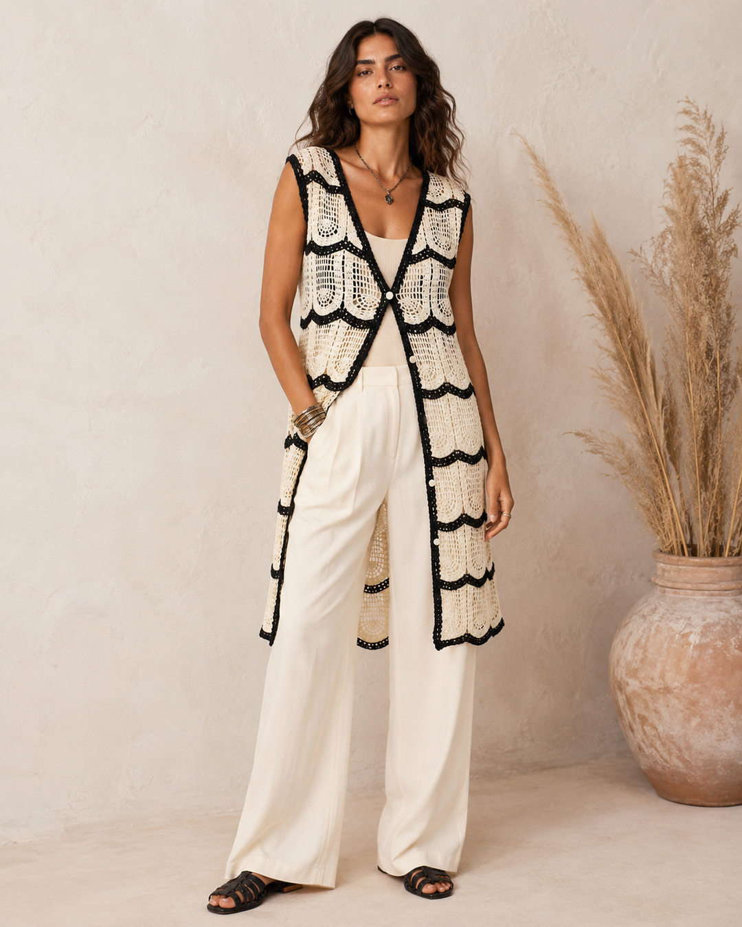 Long Sleeveless Crochet Cardigan Cream