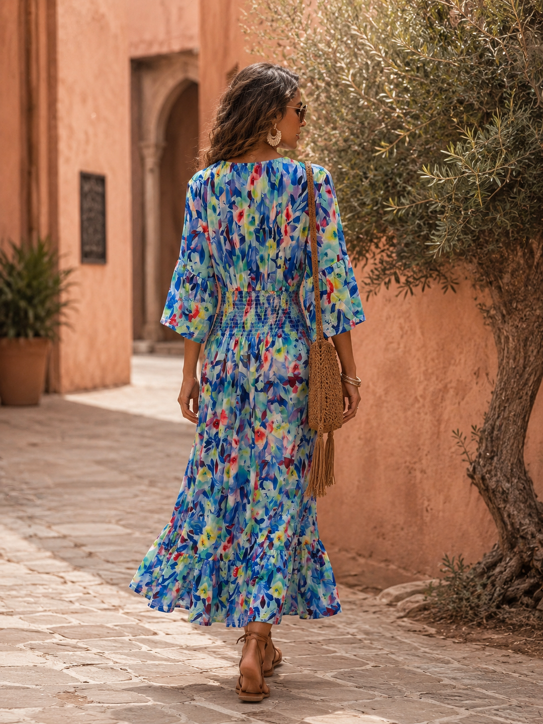 Muriel Watercolour Shirred Maxi Dress Aqua