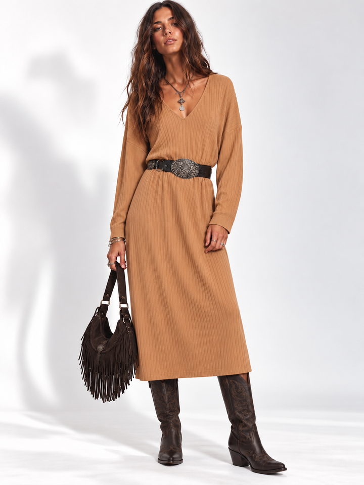 Andie V Neck Ribbed Dress Camel