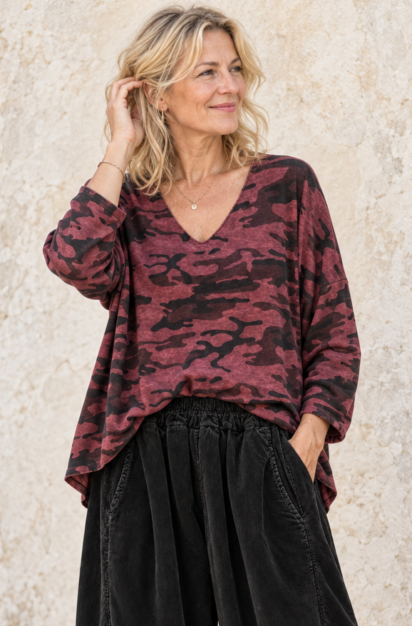 Leona Camo Print Top Wine