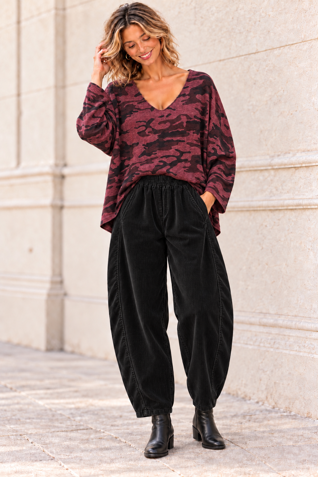 Leona Camo Print Top Wine