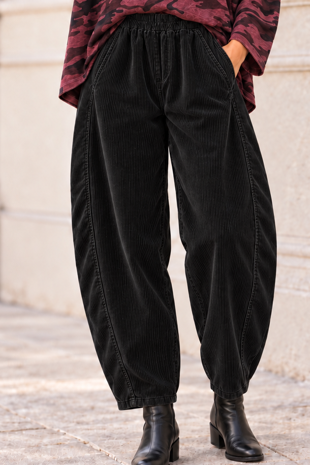 Tamara Needlecord Barrel Leg Trouser Black
