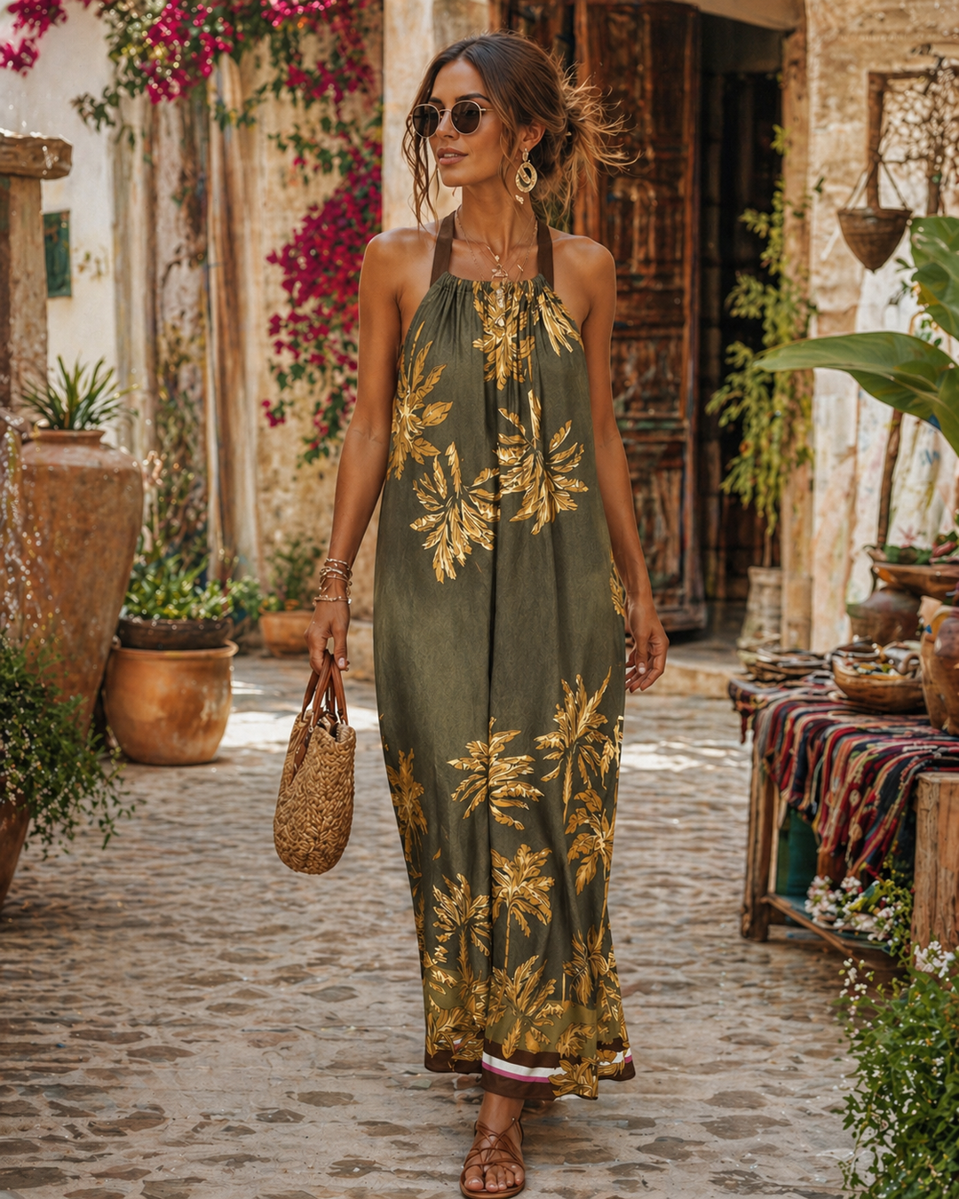 Vintage Tropical Palm Dress Khaki