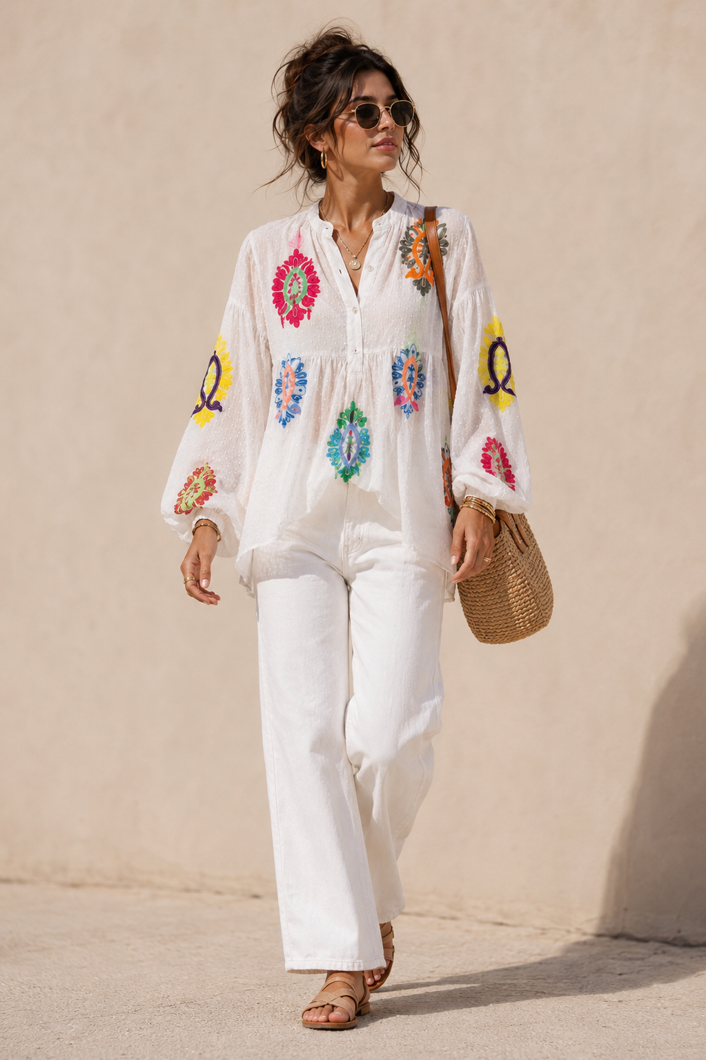 Zora Neon Embroidered Top White
