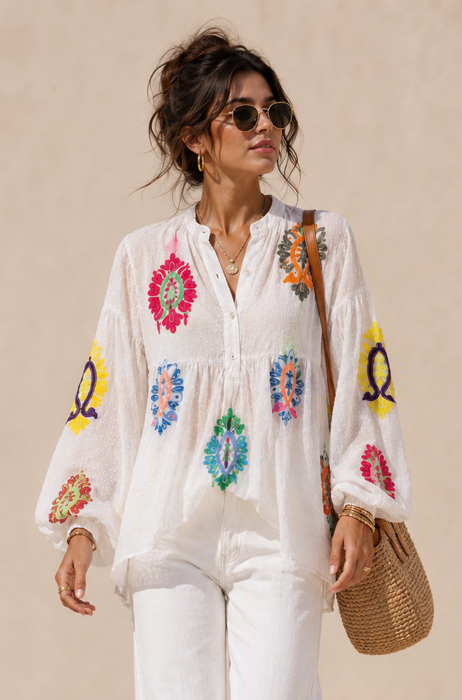 Zora Neon Embroidered Top White