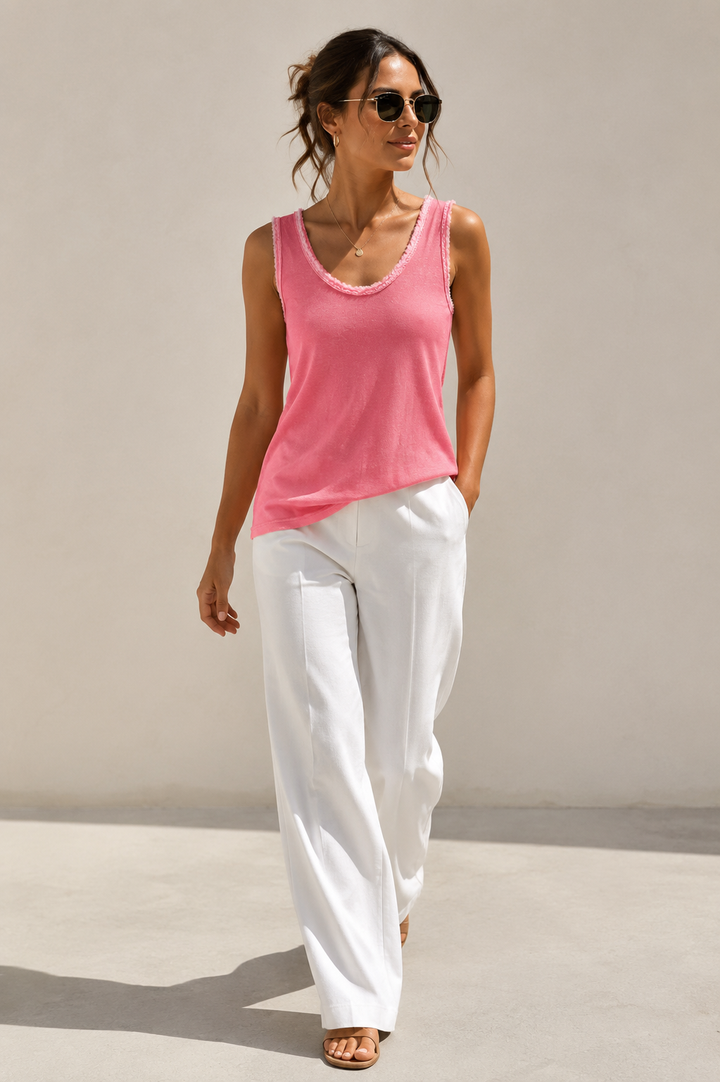 Frayed Edge Cotton Vest Top Pink