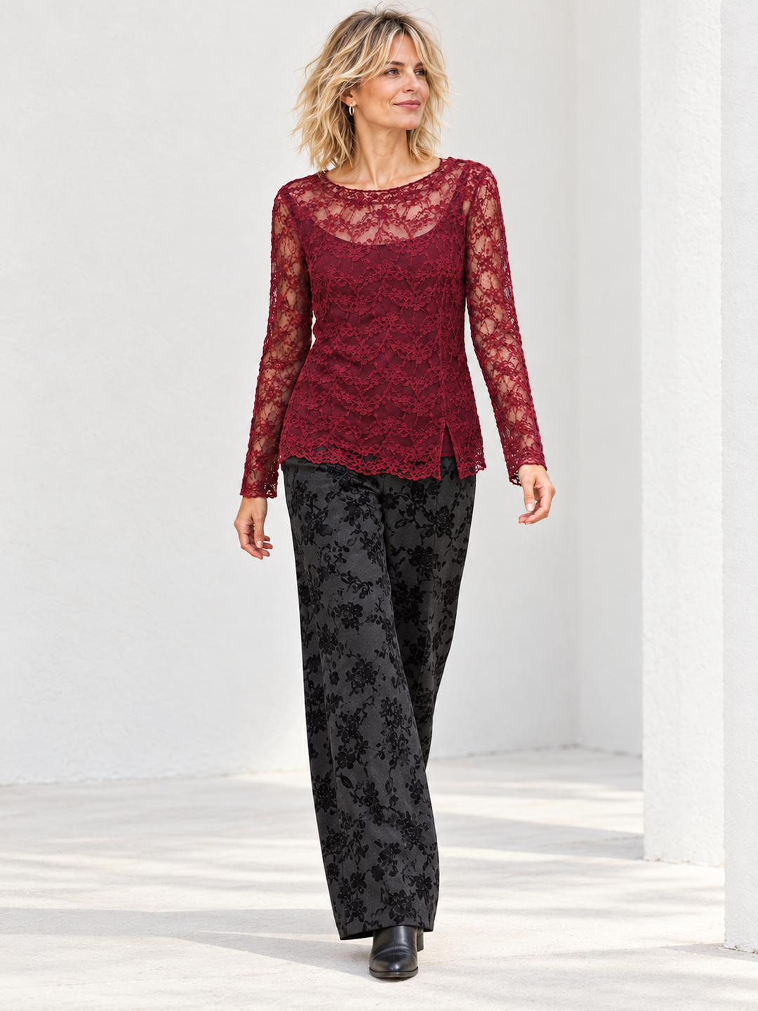 Yuna Lace Long Sleeve Top Claret
