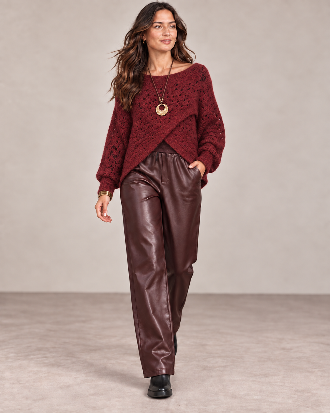 Cora Cross Open Knit Jumper Wine