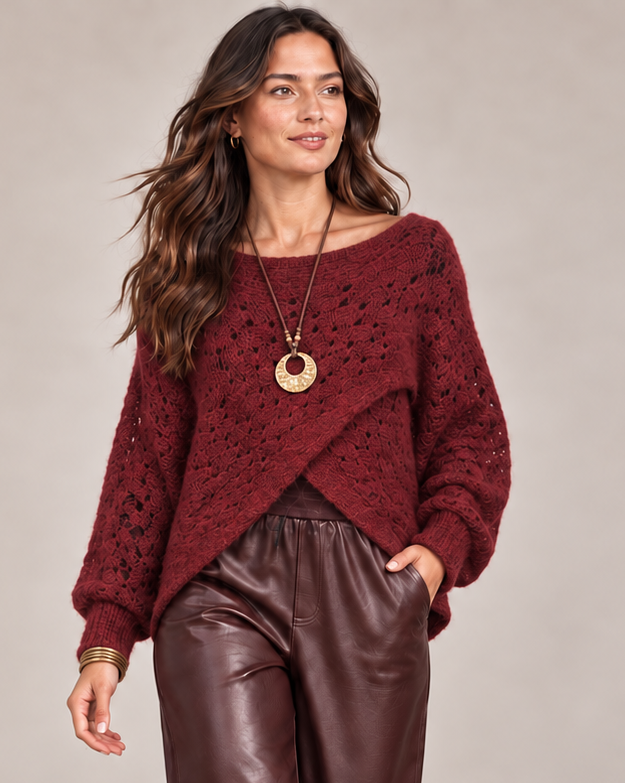 Cora Cross Open Knit Jumper Wine