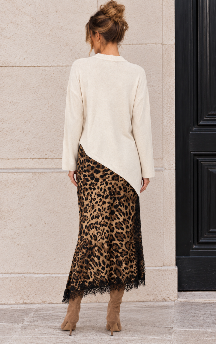 Asymmetric Leopard Lace Dress Set Cream