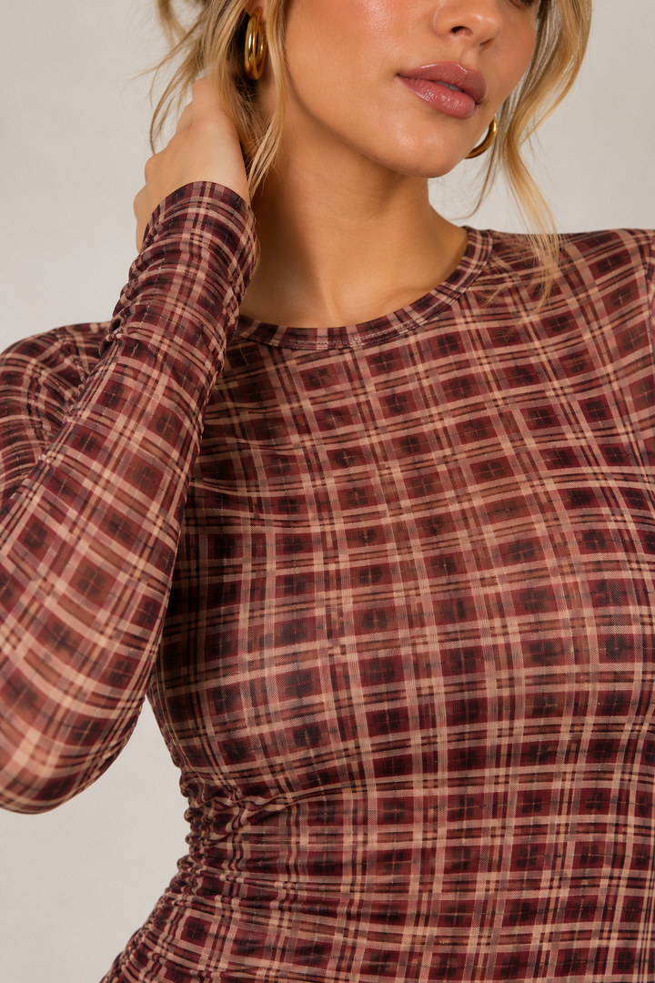 Tartan Print Cashmere Top Wine