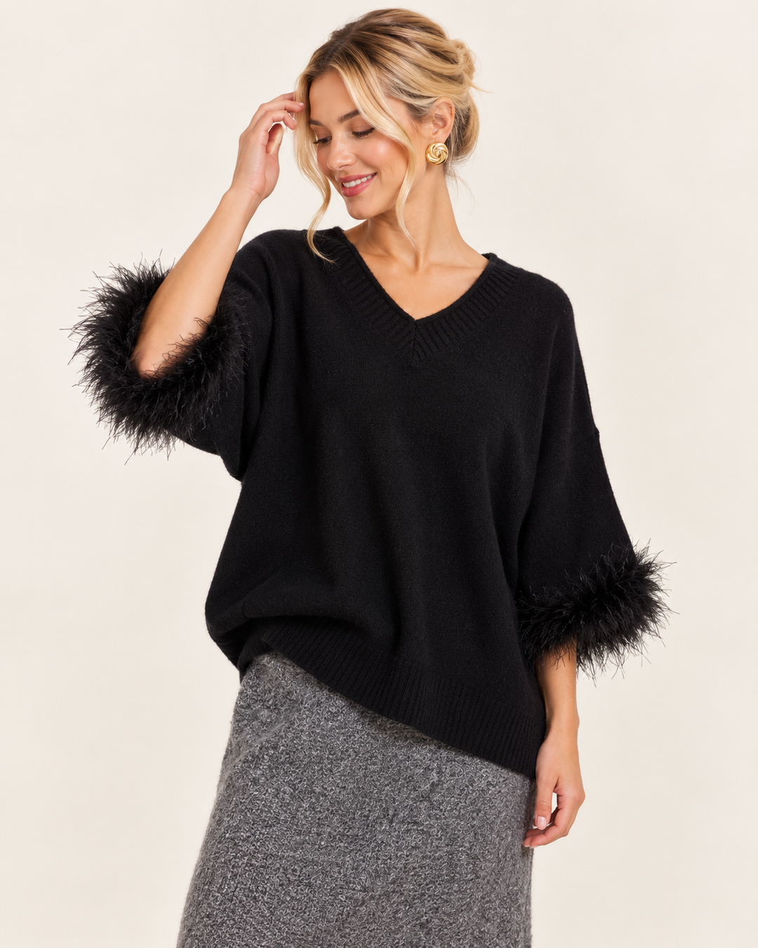 Amorette Faux Feather Jumper Black