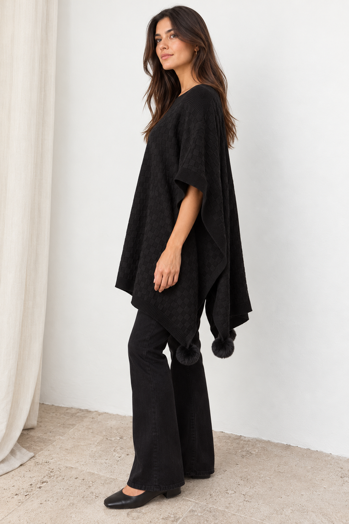 Checkerboard Pom Pom Poncho Black