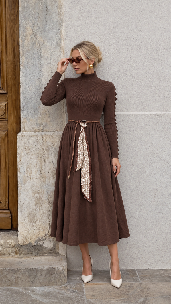 Jasmine Belted Knitted Dress Chocolate