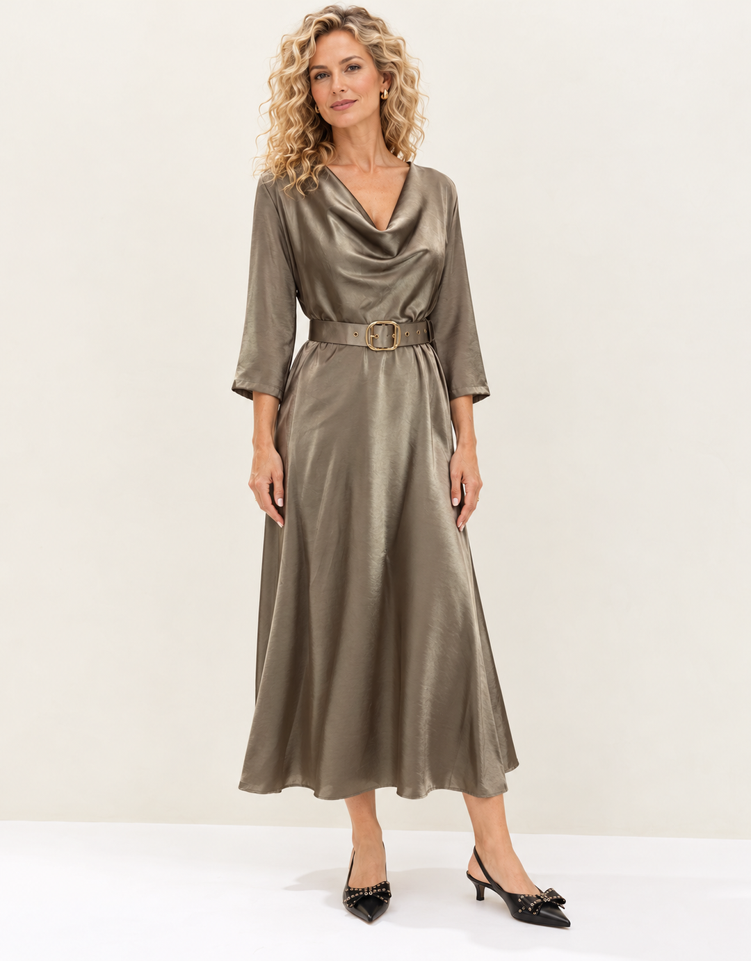 Grace Cowl Neck Belted Dress Pewter