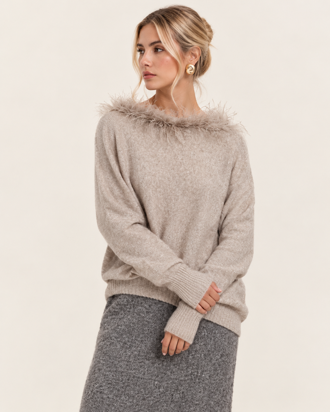 Faux Feather Luxe Jumper Greige
