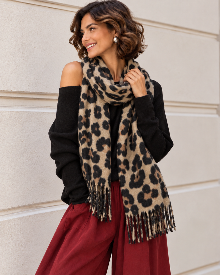 Layla Leopard Print Scarf Beige