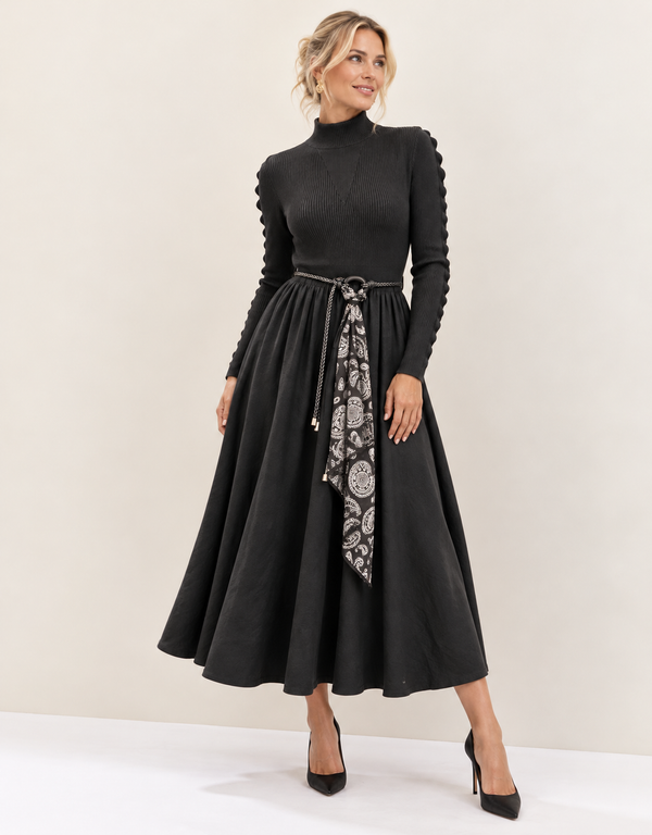 Jasmine Belted Knitted Dress Black