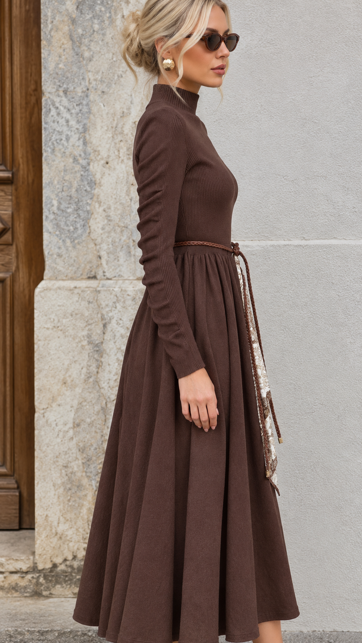 Jasmine Belted Knitted Dress Chocolate