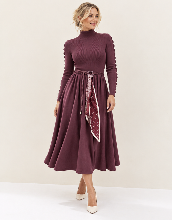 Jasmine Belted Knitted Dress Plum