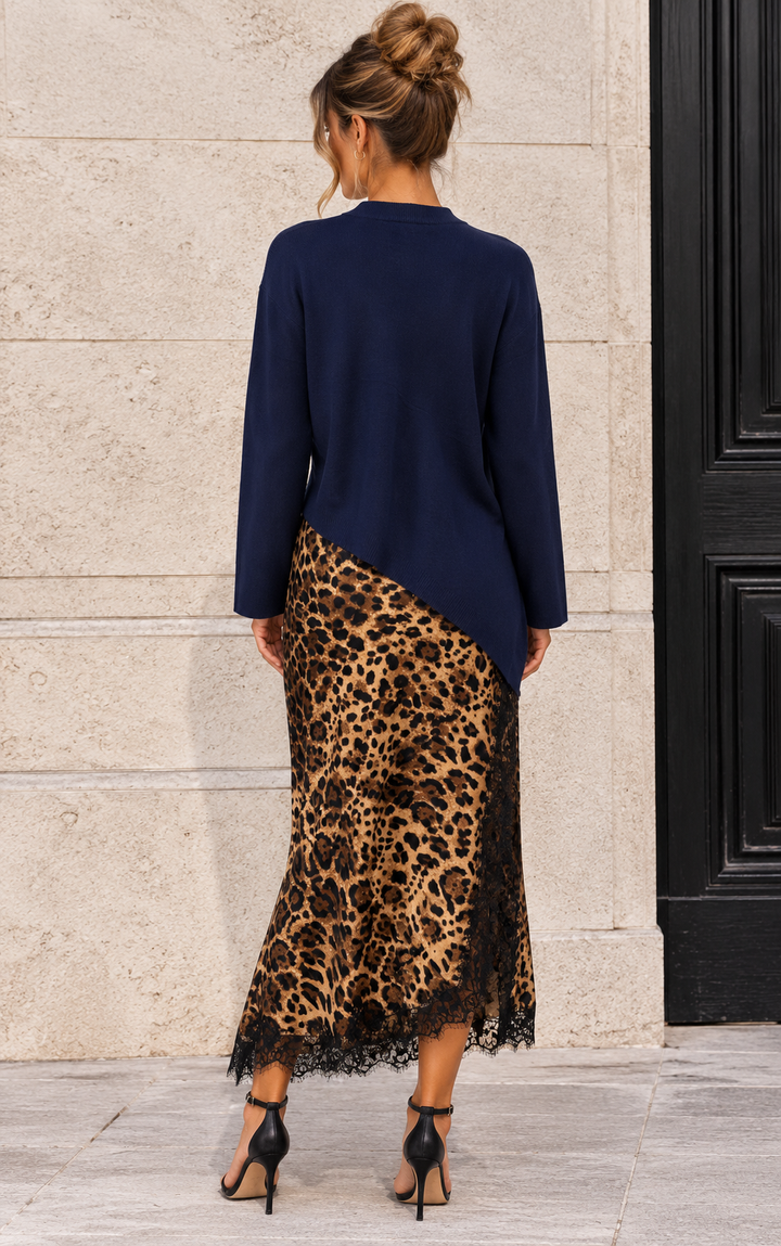 Asymmetric Leopard Lace Dress Set Navy
