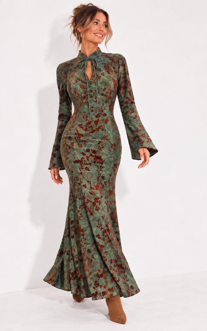 Oriental Blossom Dress Dark Moss