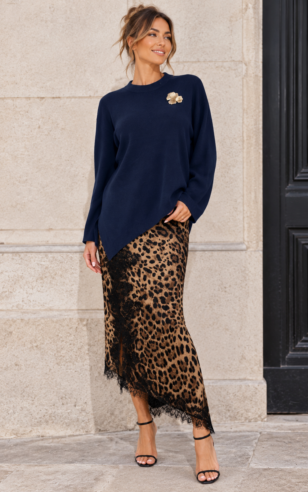 Asymmetric Leopard Lace Dress Set Navy
