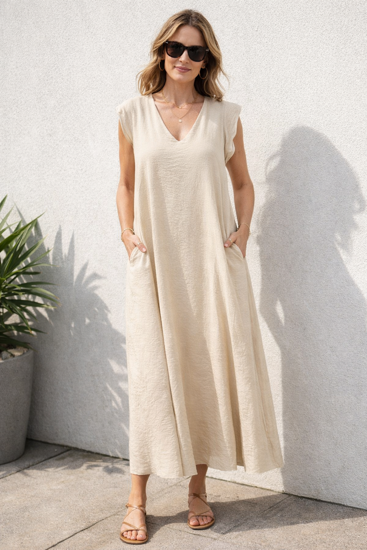 Romina V - Neck Dress Cream