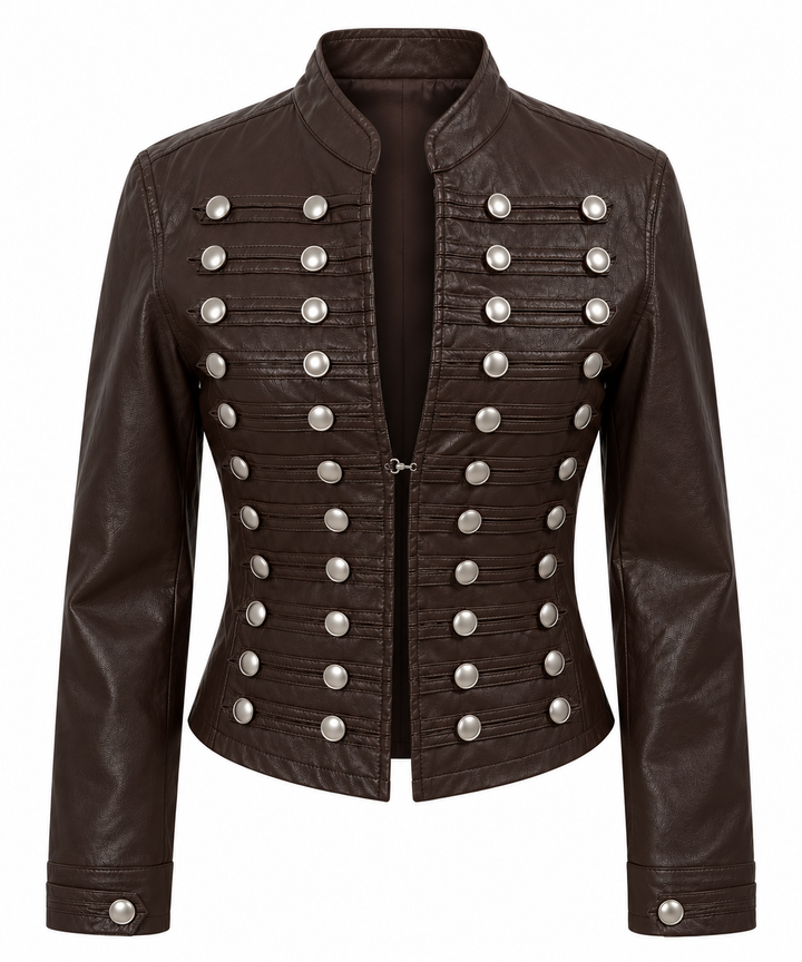 Mimi Faux Leather Military Jacket Chocolate