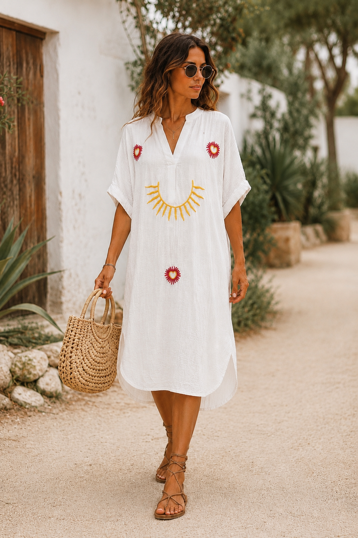 Khadiza Embroidered Kaftan Dress Cream