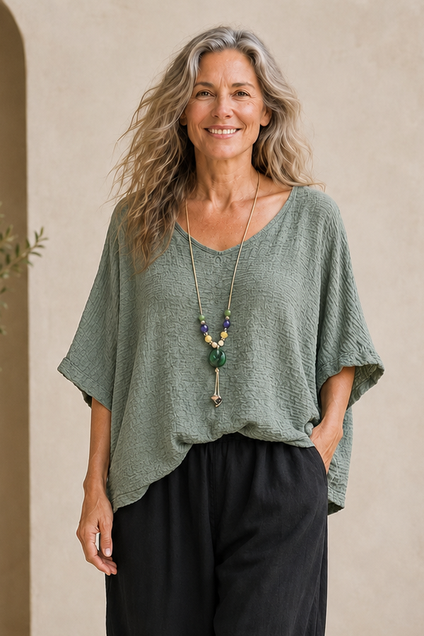 Alanna Crinkle Necklace Top Khaki