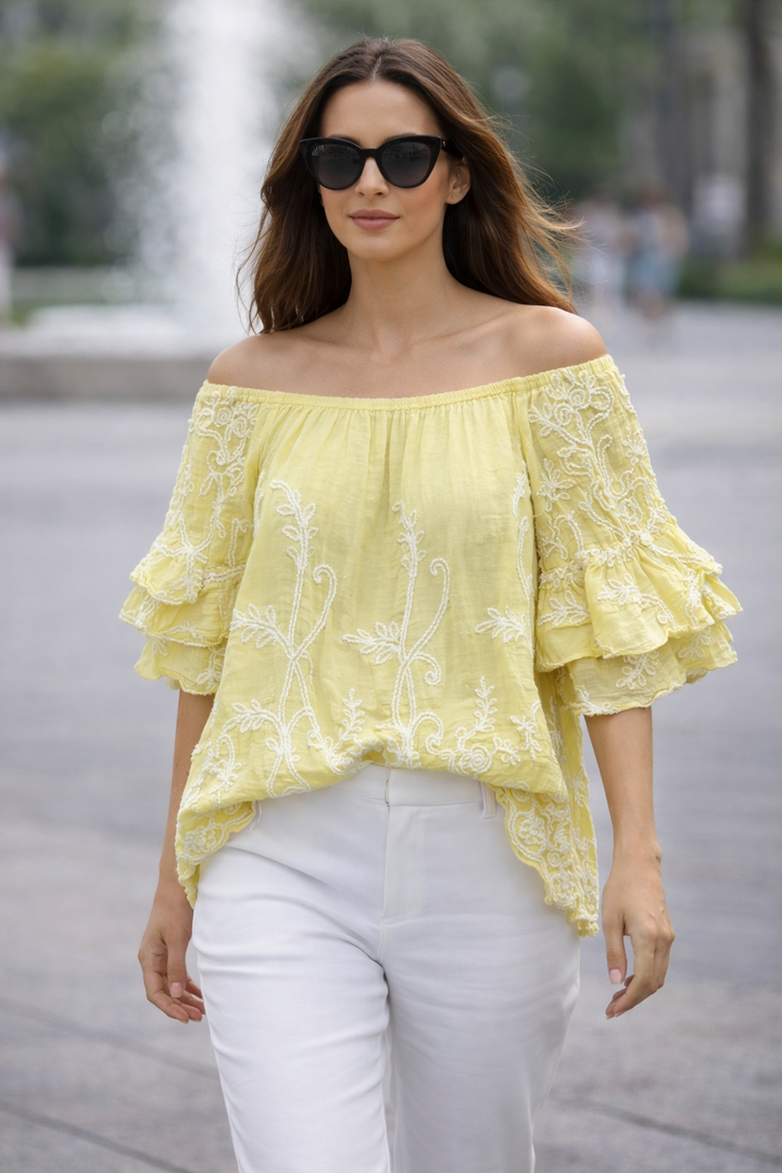 Aya Embroidered Bardot Top Lemon