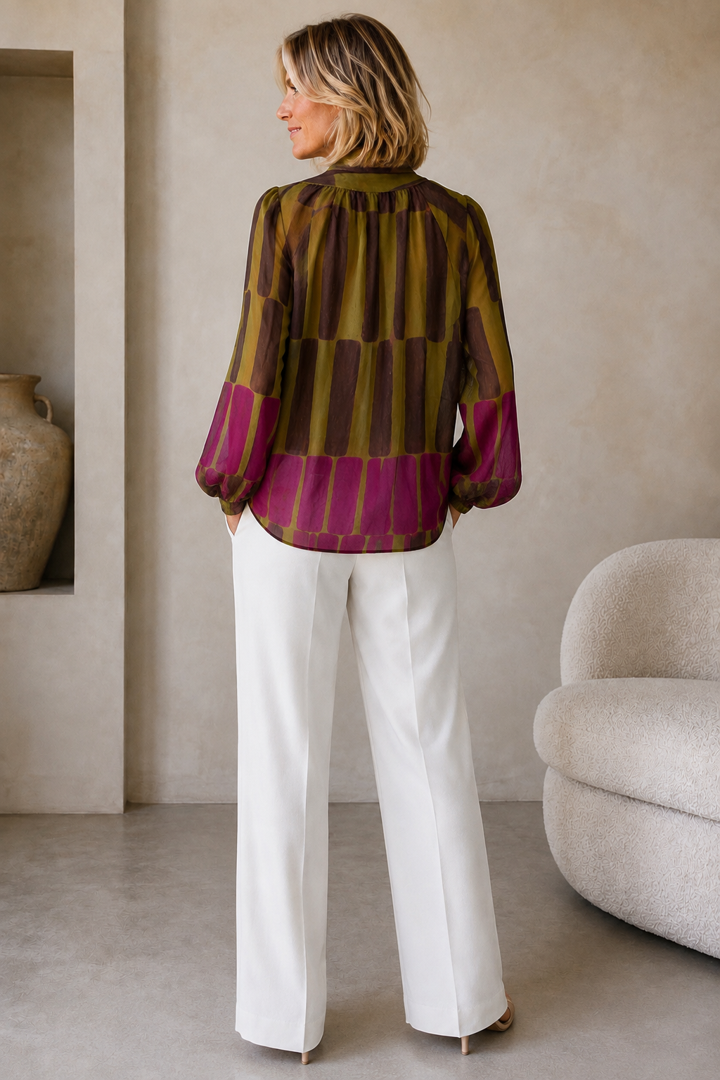 Elara Abstract Tie Neck Blouse Olive