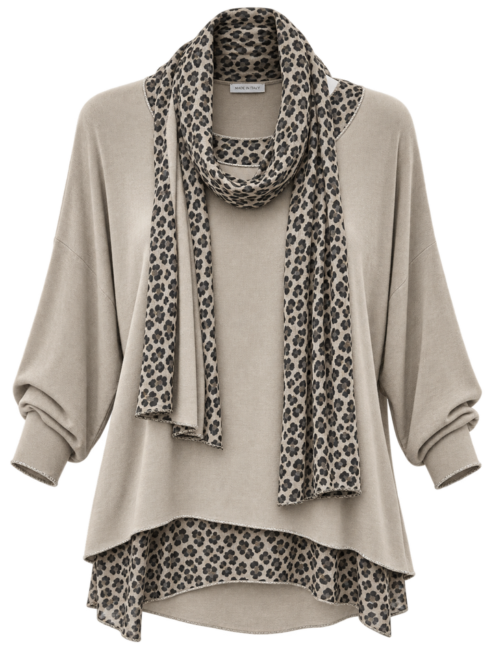 Gia Leopard Top & Scarf Set Greige