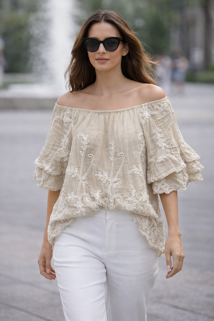 Aya Embroidered Bardot Top Beige