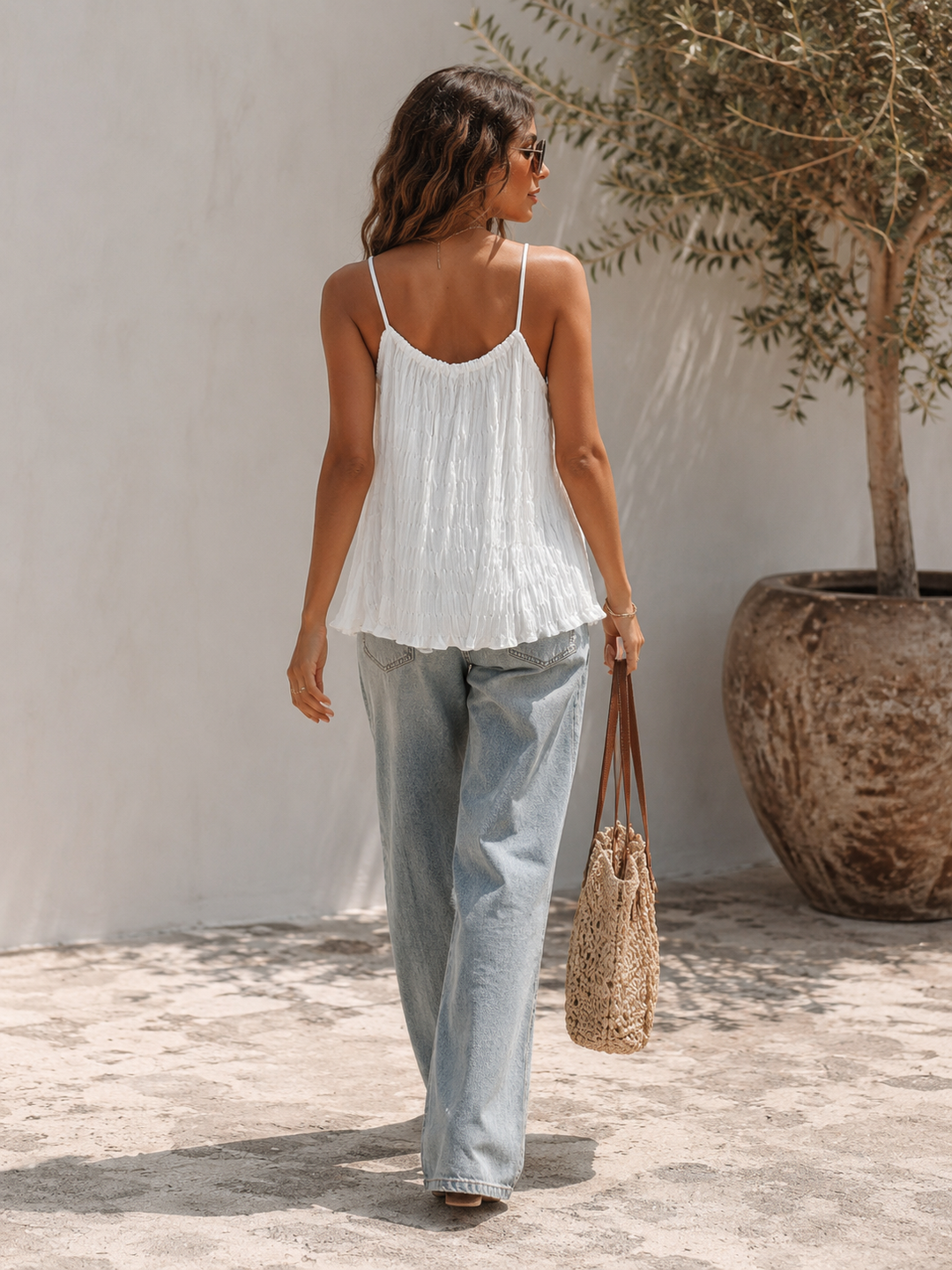 Crinkle Beaded Cami White
