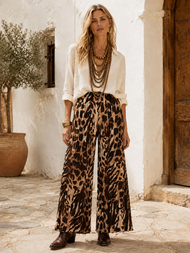 Leopard Print Pleat Trousers Chocolate