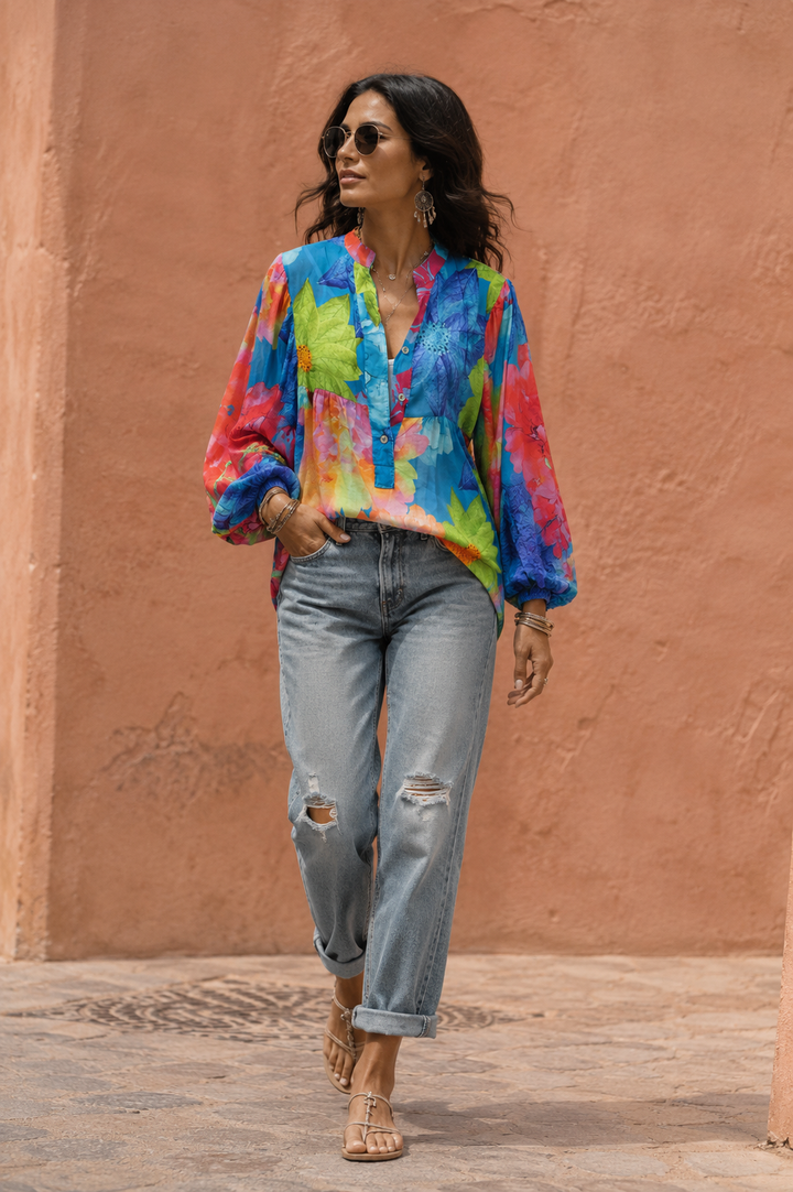 Multi Print Flower Blouse Turquoise