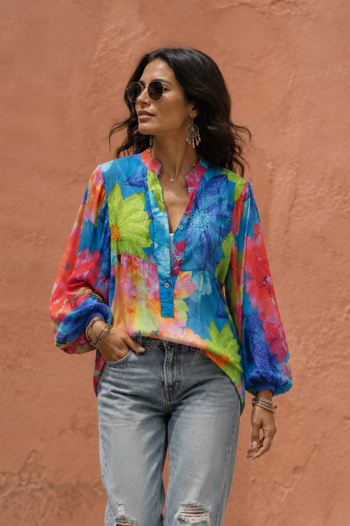 Multi Print Flower Blouse Turquoise